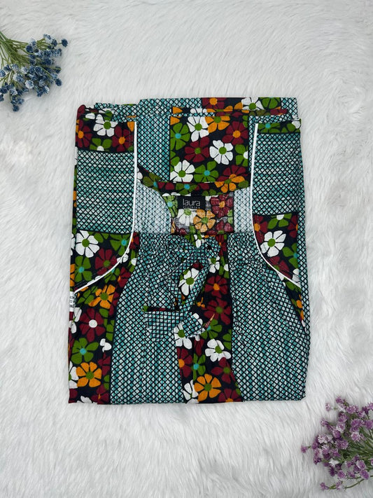 Pastel Blue Flower Printed Cotton Square Neck Elastic Pleated Nighty Free Size Short Sleeve (Suits for bra size 34″- 40″ | 54-56 inch length)