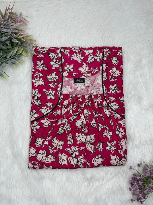 Wine Red Printed Cotton Square Neck Elastic Pleated Nighty Free Size Short Sleeve (Suits for bra size 34″- 40″ | 54-56 inch length)