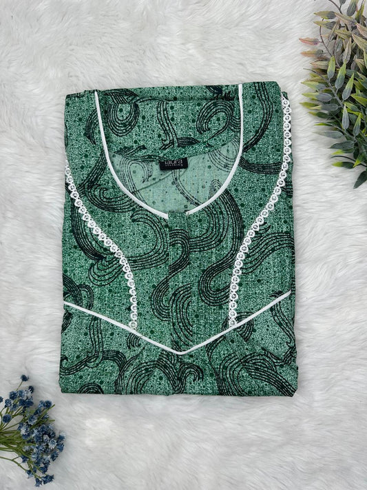 Jungle Green Printed Round Neck Normal Zip Pure Cotton Nighty Free Size Short Sleeve (Suits for bra size 34″- 40″ | 54-56 inch length)