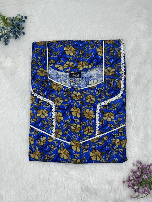 Phthalo Blue Printed Square Neck Centre Long 12" Zip Pure Cotton Feeding Nighty Free Size Short Sleeve (Suits for bra size 34″- 40″ | 54-56 inch length)