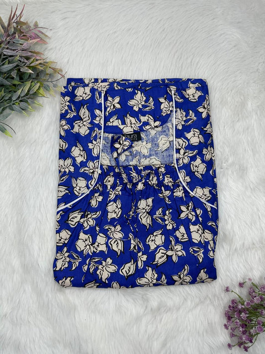 Midnight Blue Printed Cotton Square Neck Elastic Pleated Nighty Free Size Short Sleeve (Suits for bra size 34″- 40″ | 54-56 inch length)