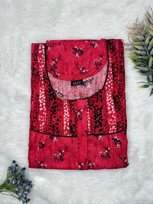 Upsdell Red Printed Mix N Match Round Neck Pleated Cotton Nighty With Centre -8″ Zip Short Sleeve Free Size (Suits for bra size 34″- 40″ | 54-56 inch length )