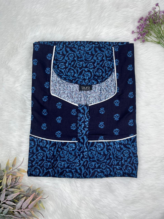 Oxford Blue and Lapis Lazuli Printed Mix N Match Square Neck Pleated Cotton Nighty With Centre -8″ Zip Short Sleeve Free Size (Suits for bra size 34″- 40″ | 54-56 inch length)