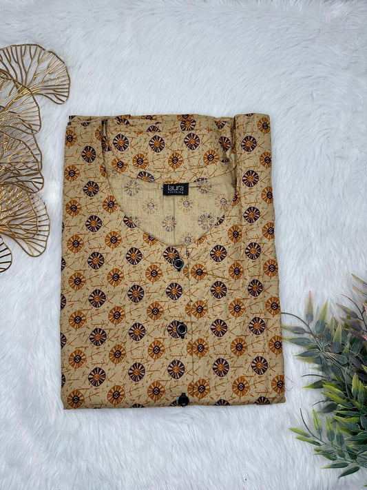 Grullo and Golden Brown Printed Round Neck Pure Cotton Full Open Button Labour Room Nighty Free Size Short Sleeve (Suits for bra size 34″- 40″ | 54-56 inch length)