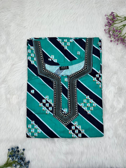 Teal Normal Zip Embroidery Neck Pure Cotton Nighty Plus Size Short Sleeve (Suits for bra size 40″- 46″ | 54-56 inch length)