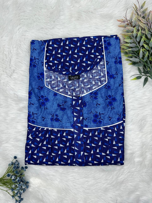 Midnight Blue Printed Mix N Match Square Neck Pleated Cotton Nighty With Centre -8″ Zip Short Sleeve Free Size (Suits for bra size 34″- 40″ | 54-56 inch length )