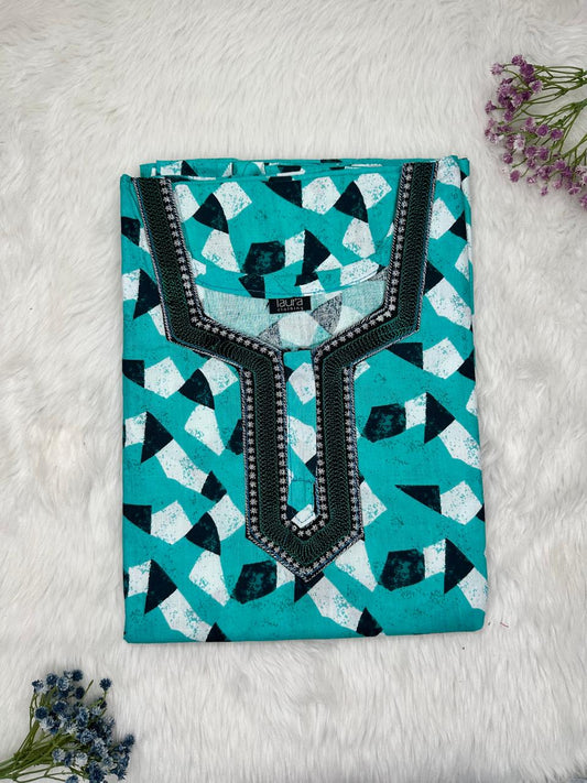 Cadet Blue Normal Zip Embroidery Neck Pure Cotton Nighty Plus Size Short Sleeve (Suits for bra size 40″- 46″ | 54-56 inch length)