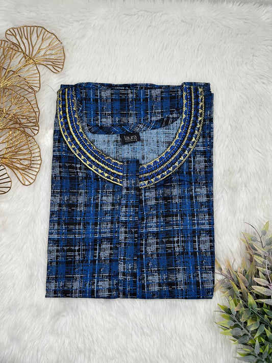 Dark Cerulean and Onyx Printed 12" Long Zip Pure Cotton Matching Neck Embroidery Feeding Nighty Free Size Short Sleeve (Suits for bra size 34″- 40″ | 54-56 inch length)