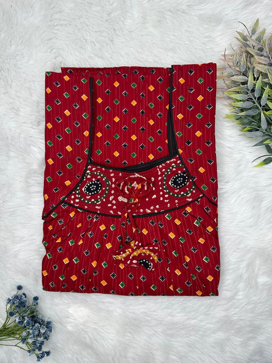 Vivid Auburn Printed Front and Claret Pleated Pure Cotton Nighty Free Size Short Sleeve (Suits for bra size 34″- 40″ | 54-56 inch length)