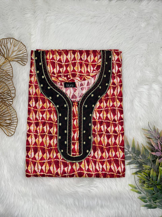 Burgundy Printed Normal Zip Pure Cotton Matching Neck Embroidery Feeding Nighty Free Size Short Sleeve (Suits for bra size 34″- 40″ | 54-56 inch length)