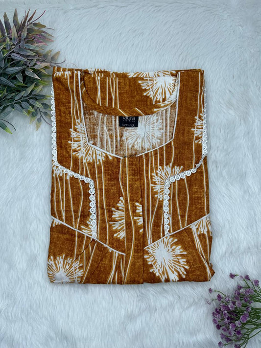 Sepia Printed Square Neck Centre Long 12" Zip Pure Cotton Feeding Nighty Free Size Short Sleeve (Suits for bra size 34″- 40″ | 54-56 inch length)