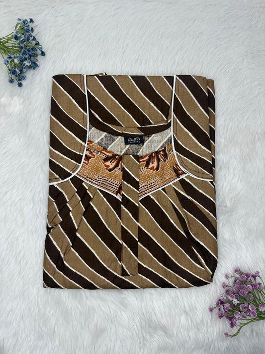 Pastel Brown Printed Square Neck Pleated Zip Pure Cotton Nighty Free Size Short Sleeve (Suits for bra size 34″- 40″ | 54-56 inch length)