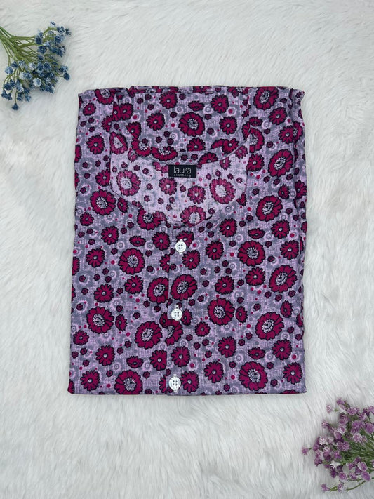 Lavender Purple Printed Round Neck Pure Cotton Full Open Button Labour Room Nighty Free Size Short Sleeve (Suits for bra size 34″- 40″ | 54-56 inch length)