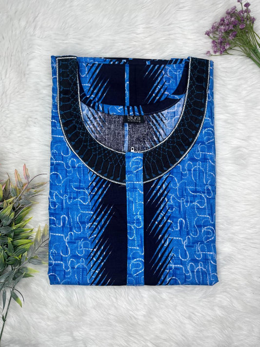 Onyx and Denim Printed 12" Long Zip Pure Cotton Matching Neck Embroidery Feeding Nighty Free Size Short Sleeve (Suits for bra size 34″- 40″ | 54-56 inch length)