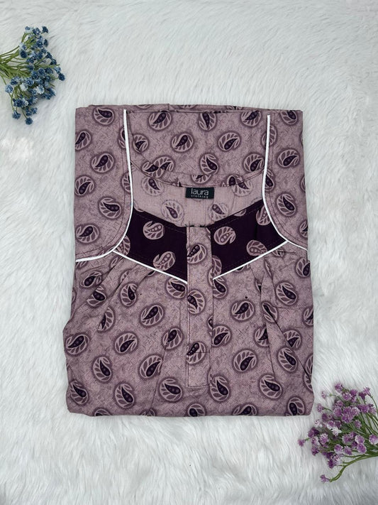 Old Lavender Printed Square Neck Pleated Zip Pure Cotton Nighty Free Size Short Sleeve (Suits for bra size 34″- 40″ | 54-56 inch length)
