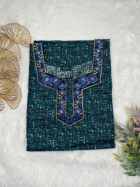 Midnight Green Printed Normal Zip Embroidery Neck Pure Cotton Maternity Nighty Plus Size Short Sleeve (Suits for bra size 40″- 46″ | 54-56 inch length)