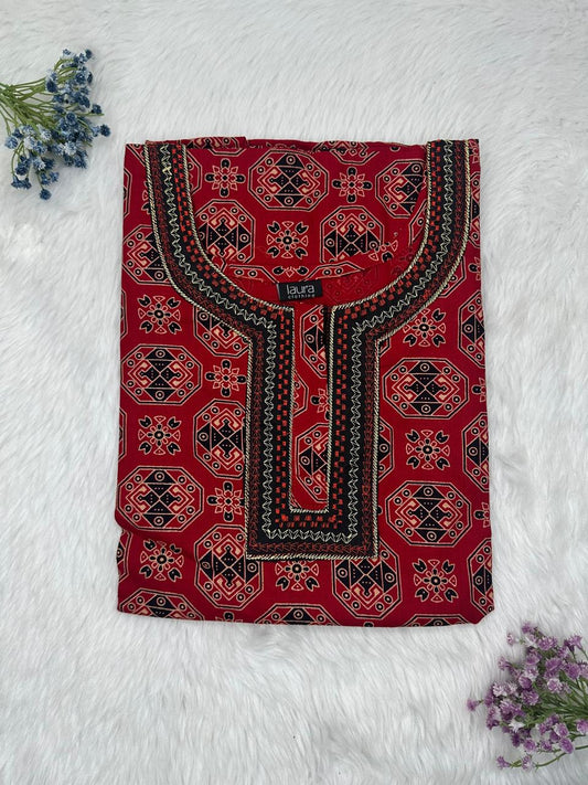 Falu Red Printed Normal Zip Embroidery Neck Pure Cotton Nighty Plus Size Short Sleeve (Suits for bra size 40″- 46″ | 54-56 inch length)