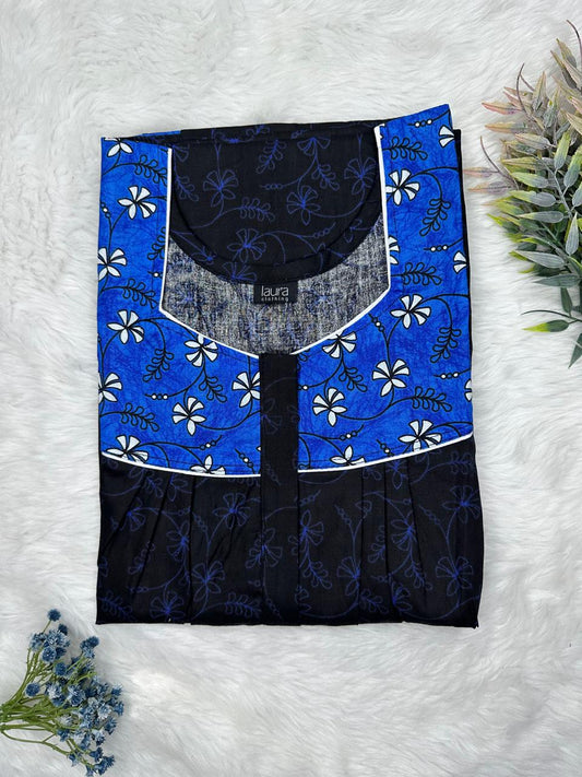 Oxford Blue Printed Mix N Match Square Neck Pleated Cotton Nighty With Centre -8″ Zip Short Sleeve Free Size (Suits for bra size 34″- 40″ | 54-56 inch length )