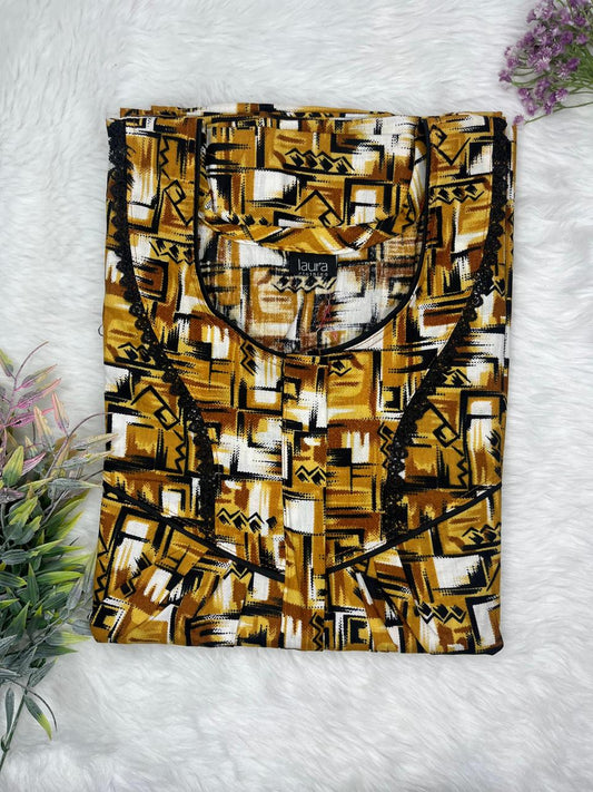 Dark Goldenrod Printed Round Neck Centre Long 12" Zip Pure Cotton Feeding Nighty Free Size Short Sleeve (Suits for bra size 34″- 40″ | 54-56 inch length)