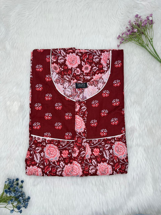 Rosewood and Ruddy Pink Printed Round Neck Pleated Pure Cotton Feeding Nighty With Two Side Vertical Zip and Single Centre Zip Free Size Short Sleeve (Suits for bra size 34″- 40″ | 54-56 inch length)