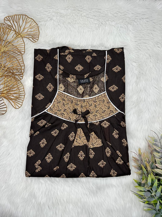 Zinnwaldite Brown Floral Printed Square Neck No Zip Pleated Pure Cotton Nighty Free Size Short Sleeve (Suits for bra size 34″- 40″ | 54-56 inch length)
