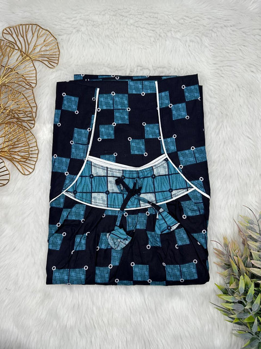 Sea Blue Printed Front and Dark Blue Pleated Pure Cotton Nighty Free Size Short Sleeve (Suits for bra size 34″- 40″ | 54-56 inch length)