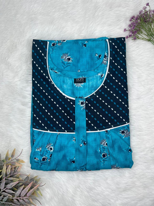 Onyx and Cerulean Printed Mix N Match Square Neck Pleated Cotton Nighty With Centre -8″ Zip Short Sleeve Free Size (Suits for bra size 34″- 40″ | 54-56 inch length)