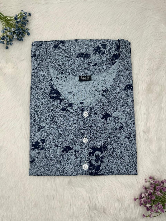 Payne Grey Printed Round Neck Pure Cotton Full Open Button Labour Room Nighty Free Size Short Sleeve (Suits for bra size 34″- 40″ | 54-56 inch length)