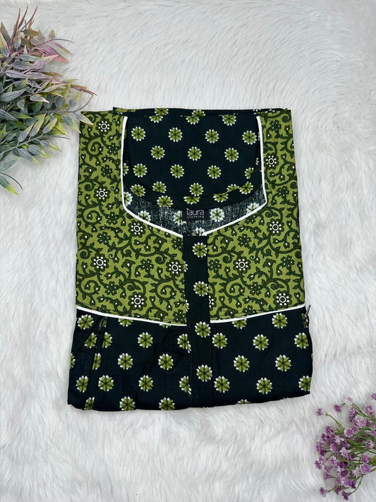 Asparagus and Onyx Printed Square Neck Pleated Pure Cotton Feeding Nighty With Two Side Vertical Zip and Single Centre Zip Free Size Short Sleeve (Suits for bra size 34″- 40″ | 54-56 inch length)
