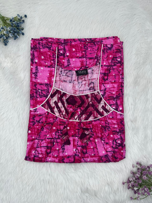 Royal Fuchsia Printed Square Neck No Zip Pleated Pure Cotton Nighty Free Size Short Sleeve (Suits for bra size 34″- 40″ | 54-56 inch length)