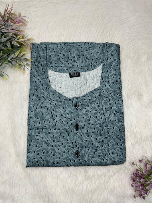 Cadet Grey Printed Round Neck Pure Cotton Full Open Button Labour Room Nighty Free Size Short Sleeve (Suits for bra size 34″- 40″ | 54-56 inch length)