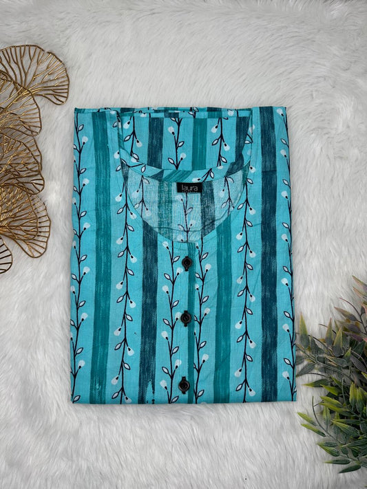 Pacific Blue and Prussian Blue Printed Round Neck Pure Cotton Full Open Button Labour Room Nighty Free Size Short Sleeve (Suits for bra size 34″- 40″ | 54-56 inch length)