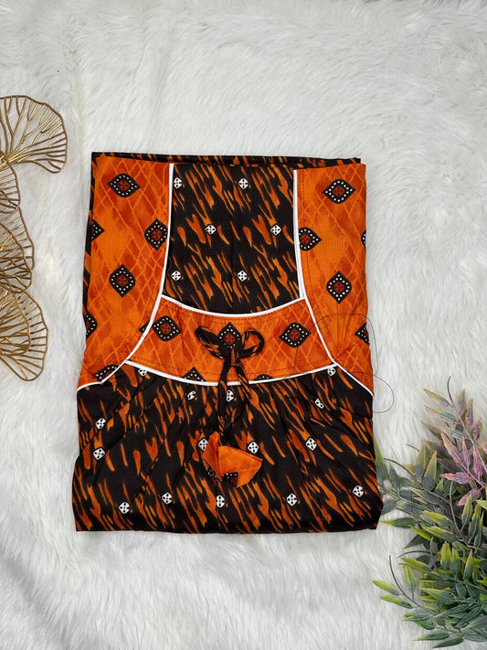 Zinnwaldite Brown Printed Front and Rust Pleated Pure Cotton Nighty Free Size Short Sleeve (Suits for bra size 34″- 40″ | 54-56 inch length)