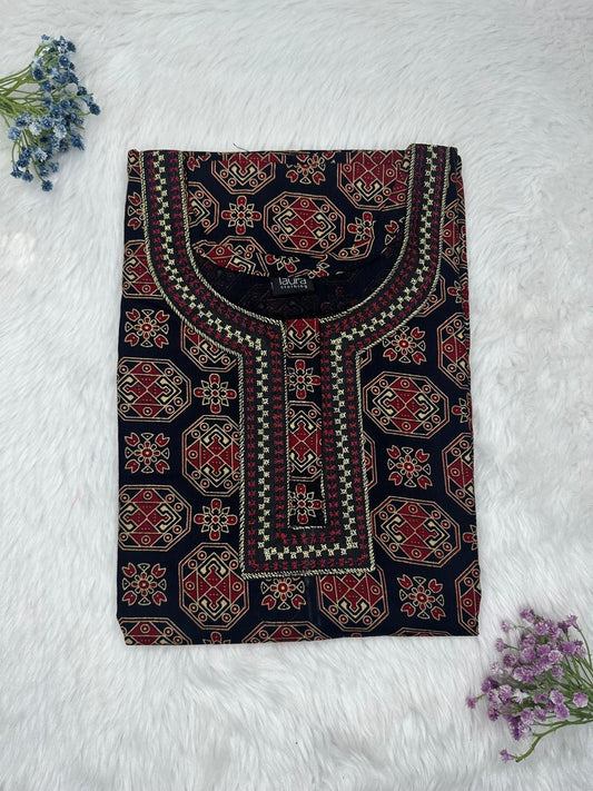 Onyx and Bulgarian Rose Printed Normal Zip Pure Cotton Matching Neck Embroidery Nighty Free Size Short Sleeve (Suits for bra size 34″- 40″ | 54-56 inch length)