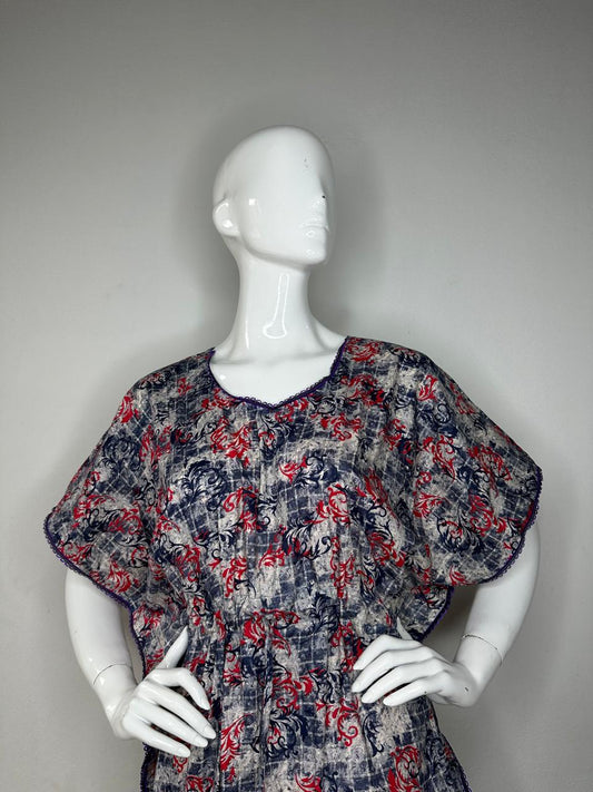 Dark Gray and Oxford Blue printed Pure Cotton V-Neck Kaftan With Matching Border Lace And Adjustable Tie Free Size (Suits for bra size 34″- 40″) | 54-56 Inch Length