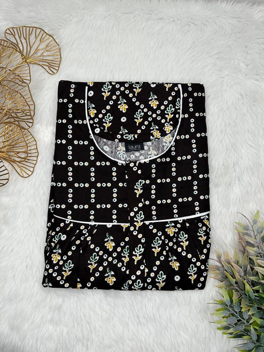 Onyx Printed Mix N Match Round Neck Pleated Cotton Nighty With Centre -8″ Zip Short Sleeve Free Size (Suits for bra size 34″- 40″ | 54-56 inch length