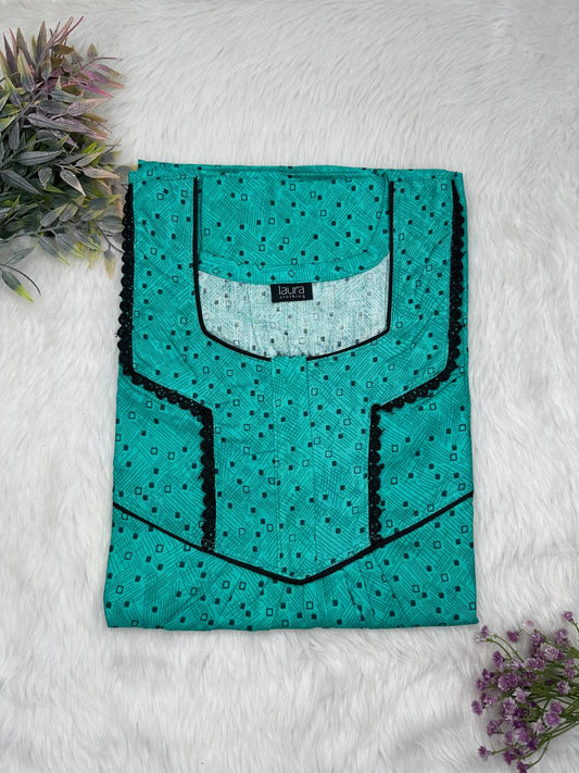 Light Sea Green Printed Square Neck Normal Zip Pure Cotton Nighty Free Size Short Sleeve (Suits for bra size 34″- 40″ | 54-56 inch length)