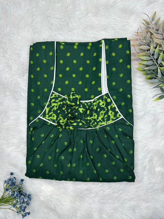 MSU Green Printed Front and Claret Pleated Pure Cotton Nighty Free Size Short Sleeve (Suits for bra size 34″- 40″ | 54-56 inch length)