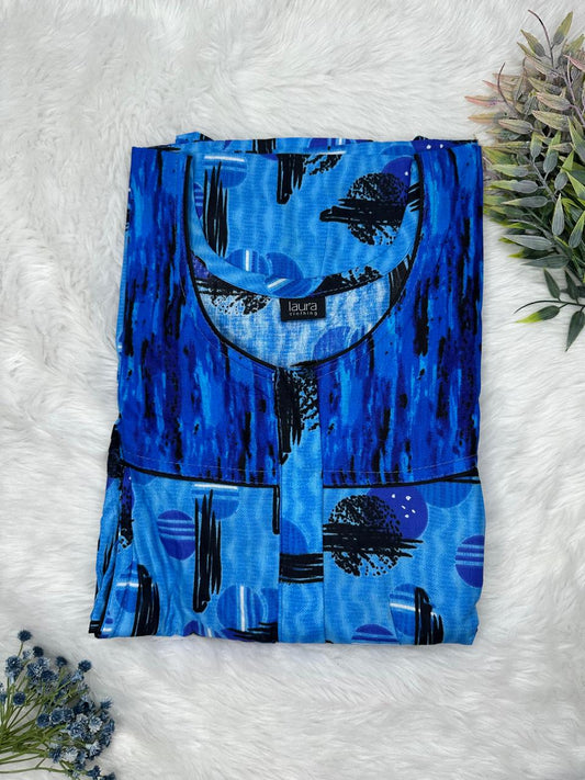 Celestial Blue Printed Round Neck Pleated Pure Cotton Feeding Nighty With Two Side Vertical Zip and Single Centre Zip Free Size Short Sleeve (Suits for bra size 34″- 40″ | 54-56 inch length)