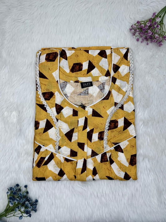 Satin Sheen Gold Printed Round Neck Centre Long 12" Zip Pure Cotton Feeding Nighty Free Size Short Sleeve (Suits for bra size 34″- 40″ | 54-56 inch length)