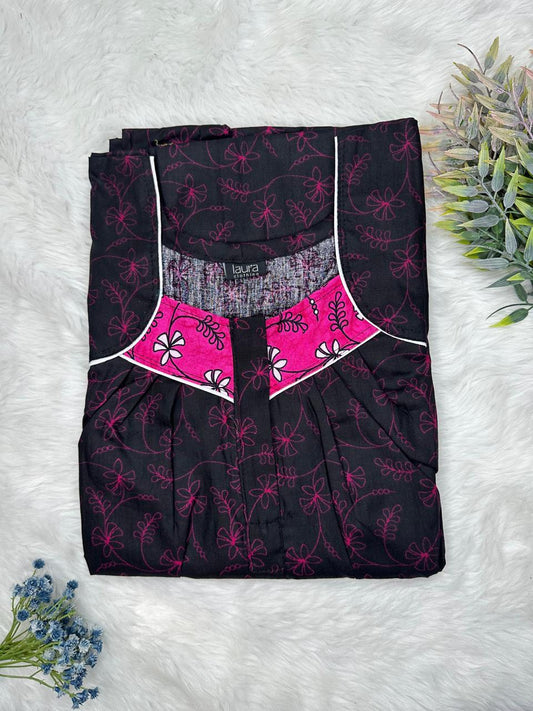Onyx Printed Square Neck No Zip Pleated Pure Cotton Nighty Free Size Short Sleeve (Suits for bra size 34″- 40″ | 54-56 inch length)