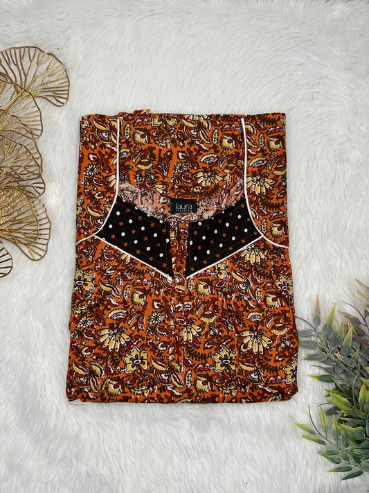 Rust and Seal Brown Printed Square Neck Pleated Zip Pure Cotton Nighty Free Size Short Sleeve (Suits for bra size 34″- 40″ | 54-56 inch length)