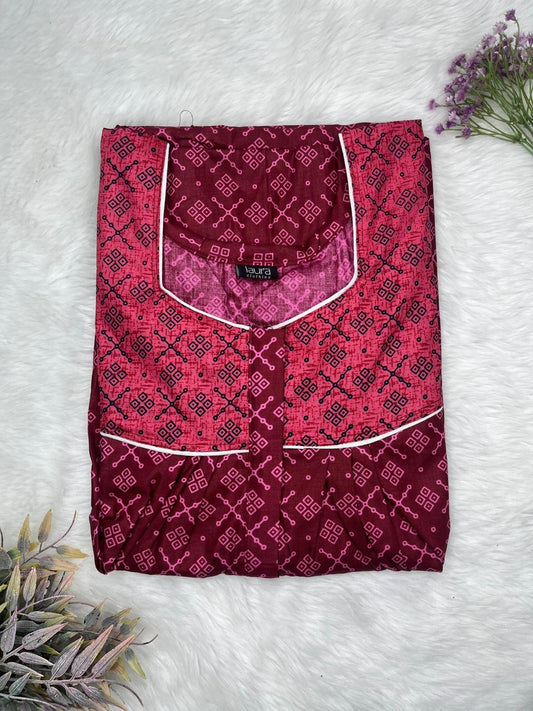 Dark Pink and Dark Scarlet Printed Mix N Match Square Neck Pleated Cotton Nighty With Centre -8″ Zip Short Sleeve Free Size (Suits for bra size 34″- 40″ | 54-56 inch length)
