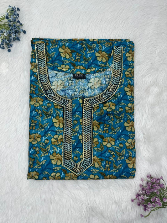 Sea Blue Printed Normal Zip Embroidery Neck Pure Cotton Nighty Plus Size Short Sleeve (Suits for bra size 40″- 46″ | 54-56 inch length)