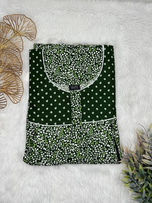 Dark Jungle Green and Pastel Gray Printed Round Neck Pleated Pure Cotton Feeding Nighty With Two Side Vertical Zip and Single Centre Zip Free Size Short Sleeve (Suits for bra size 34″- 40″ | 54-56 inch length)