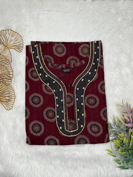 Dark Sienna kalamkari Printed Normal Zip Pure Cotton Matching Neck Embroidery Feeding Nighty Free Size Short Sleeve (Suits for bra size 34″- 40″ | 54-56 inch length)