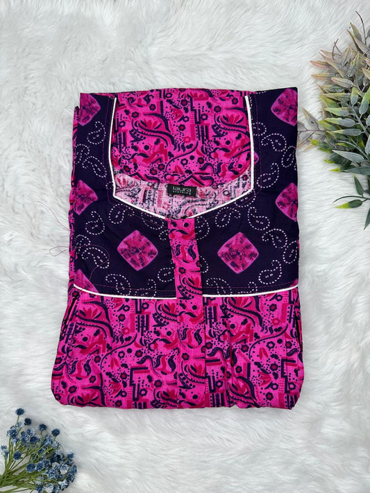 Persian Indigo and Fandango Printed Square Neck Pleated Pure Cotton Feeding Nighty With Two Side Vertical Zip and Single Centre Zip Free Size Short Sleeve (Suits for bra size 34″- 40″ | 54-56 inch length)