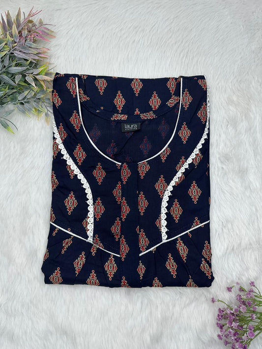 Dark Blue and Vivid Auburn Printed Round Neck Centre Long 12" Zip Pure Cotton Feeding Nighty Free Size Short Sleeve (Suits for bra size 34″- 40″ | 54-56 inch length)