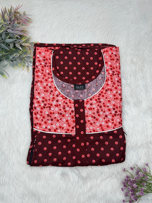 Dark sienna and Candy Pink Printed Round Neck Pleated Pure Cotton Feeding Nighty With Two Side Vertical Zip and Single Centre Zip Free Size Short Sleeve (Suits for bra size 34″- 40″ | 54-56 inch length)