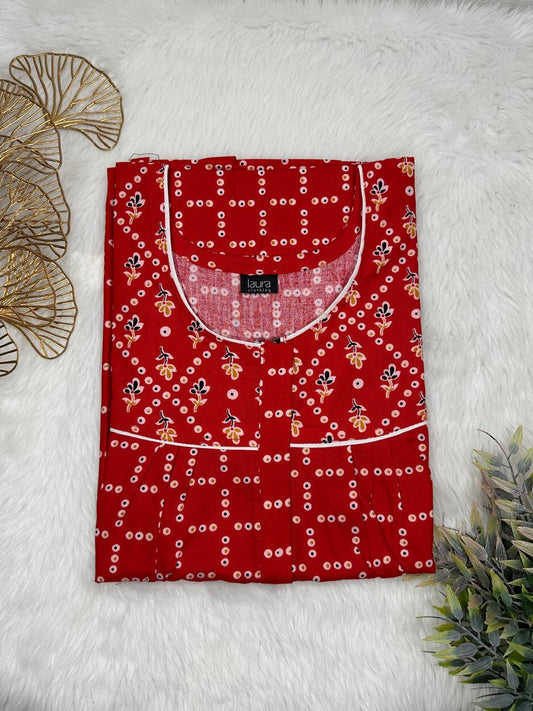 USC Cardinal Printed Mix N Match Round Neck Pleated Cotton Nighty With Centre -8″ Zip Short Sleeve Free Size (Suits for bra size 34″- 40″ | 54-56 inch length